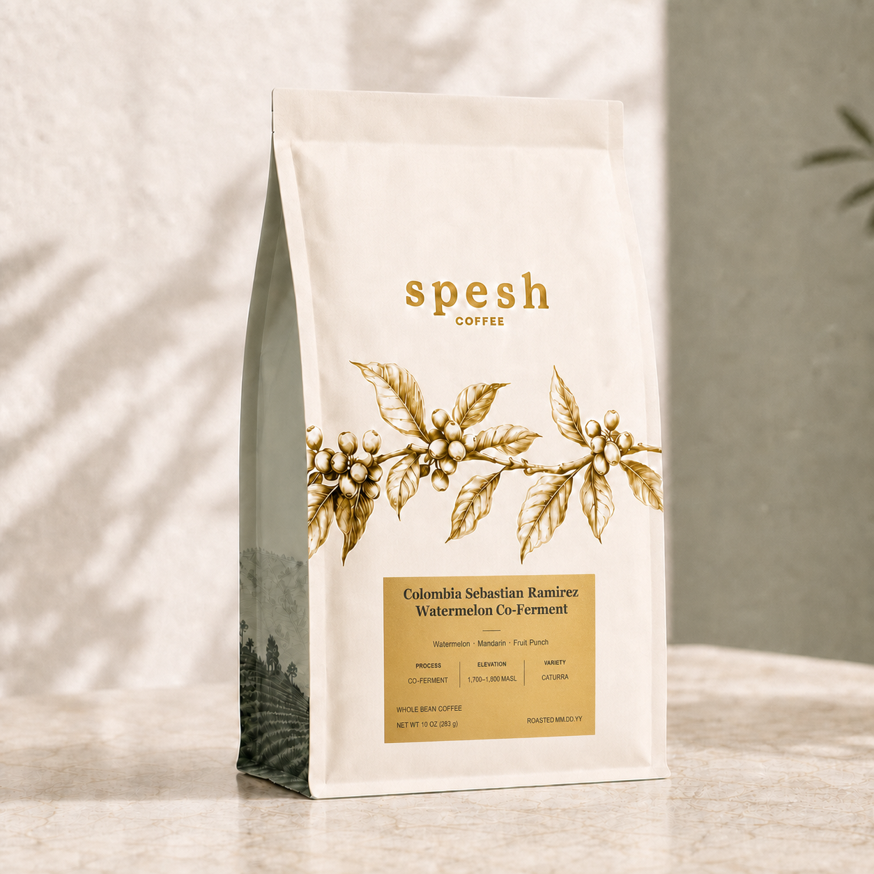 A bag of Spesh Coffee, Colombia Sebastian Ramírez Watermelon Co-Ferment, standing on a light marble surface against a textured wall with soft shadow patterns.