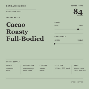 A minimalist coffee label design on a muted sage green background, for Dark and Smokey blend. Featuring product details including roast, cup profile, origin, and variety. The brand 'SPESH COFFEE' appears at the bottom.