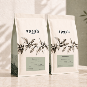 Two bags of Spesh Coffee "Espresso 1.0" whole bean coffee, standing on a light marble surface against a textured beige wall with soft leaf shadows.