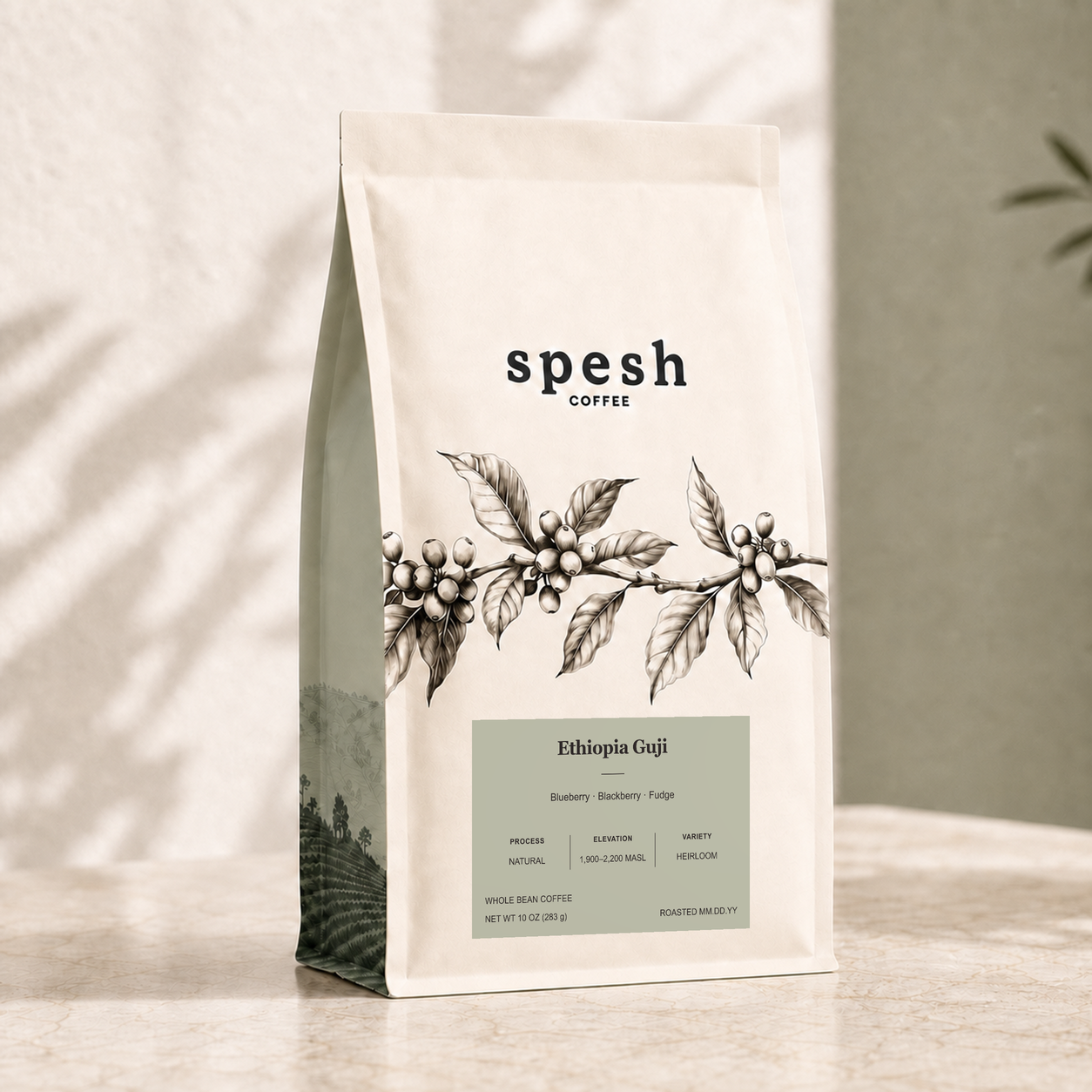 A bag of Spesh Coffee Ethiopia Guji whole bean coffee, featuring a cream-colored bag with a black coffee plant illustration and a sage green label, set on a light marble surface with soft leaf shadows.