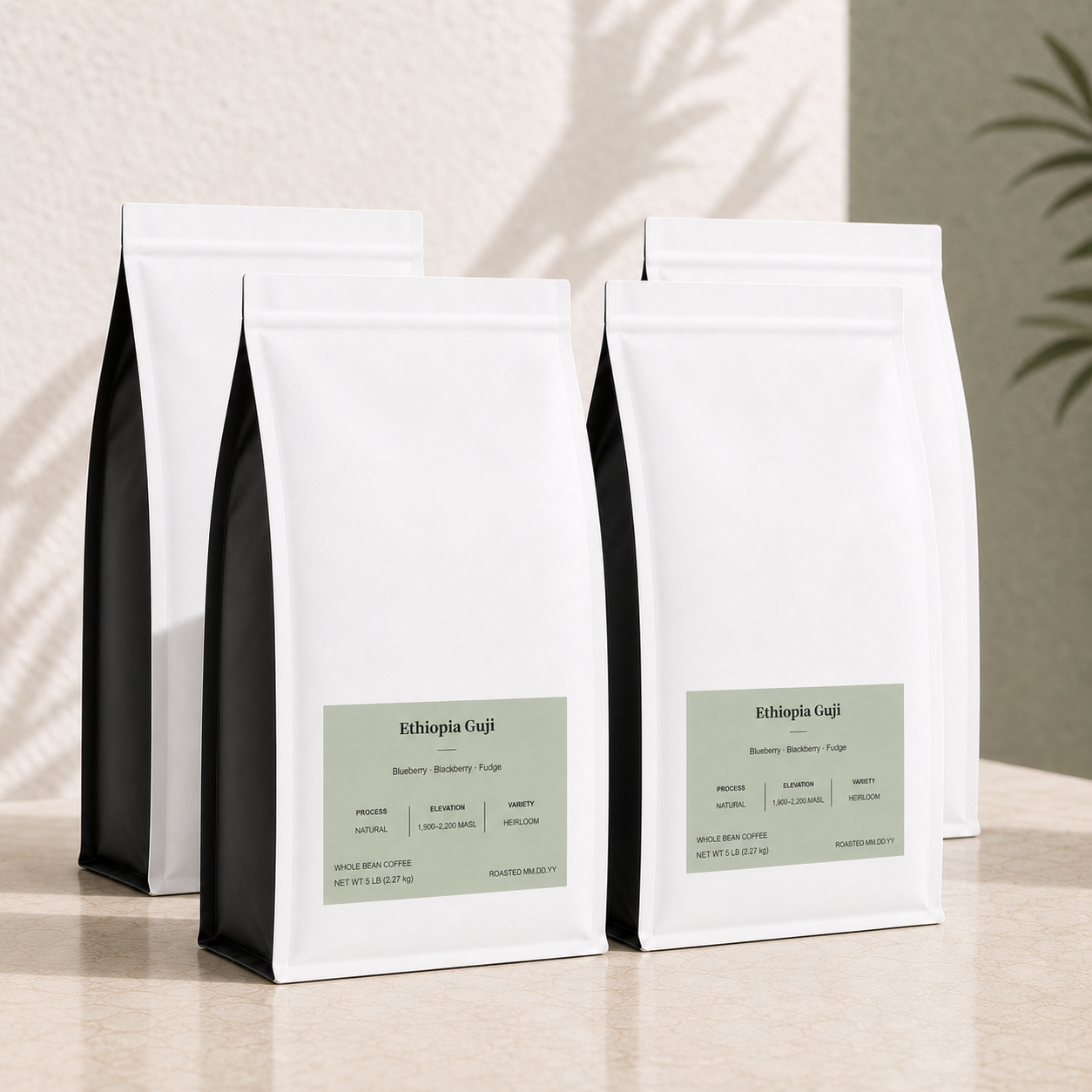 Four bulk white 5 lb coffee bags labeled Ethiopia Guji standing upright on a light beige surface, with soft shadow overlays and a blurred plant in the background.