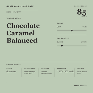 A minimalist coffee profile card for "Guatemala Half Caff" from Spesh Coffee, featuring a sage green background with dark gray text and interactive slider graphics for roast and cup profile.