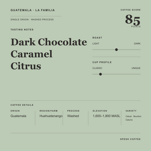 A minimalist coffee label or packaging design on a muted sage green background, for Guatemala La Familia. Coffee details including origin Guatemala, washed process, roast dark, and a coffee score of 85.