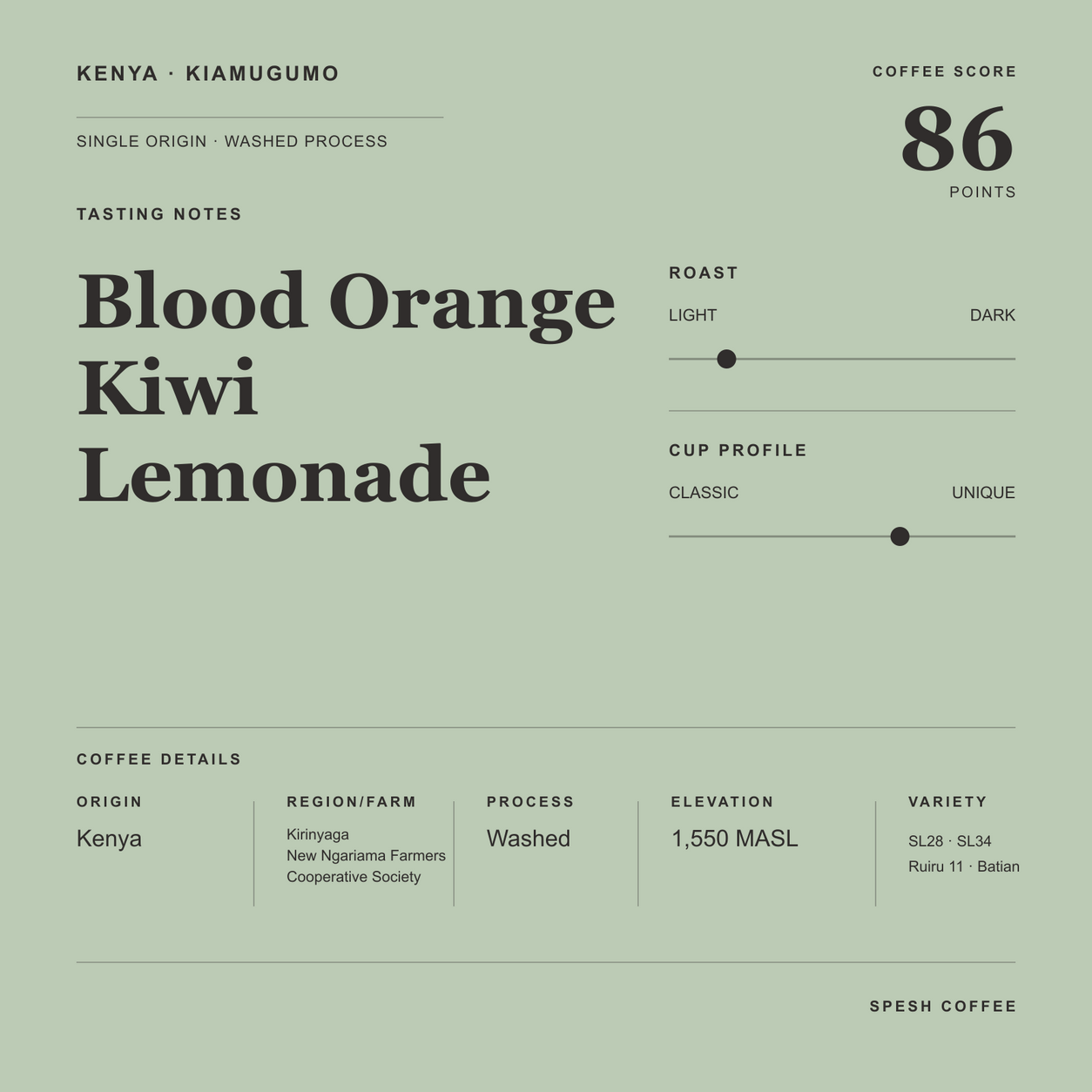 A minimalist coffee label or packaging design on a muted sage green background, featuring the text 'Kenya Kiamugumo' and coffee details including origin Kenya, washed process, roast level, cup profile, elevation, and variety.