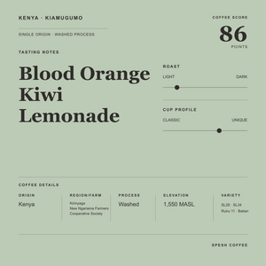 A minimalist coffee label or packaging design on a muted sage green background, featuring the text 'Kenya Kiamugumo' and coffee details including origin Kenya, washed process, roast level, cup profile, elevation, and variety.