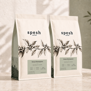 Two bags of Spesh Coffee, Kenya Kiamugumo whole bean coffee, featuring a cream-colored bag with a black coffee plant illustration and a sage green label, set on a light marble surface with soft leaf shadows.