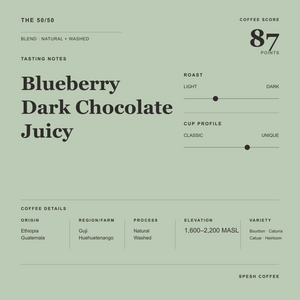 A minimalist coffee label or packaging design on a muted sage green background, for The 50/50 blend. With coffee scoring details including a 87-point coffee score, roast, cup profile, and origin information.