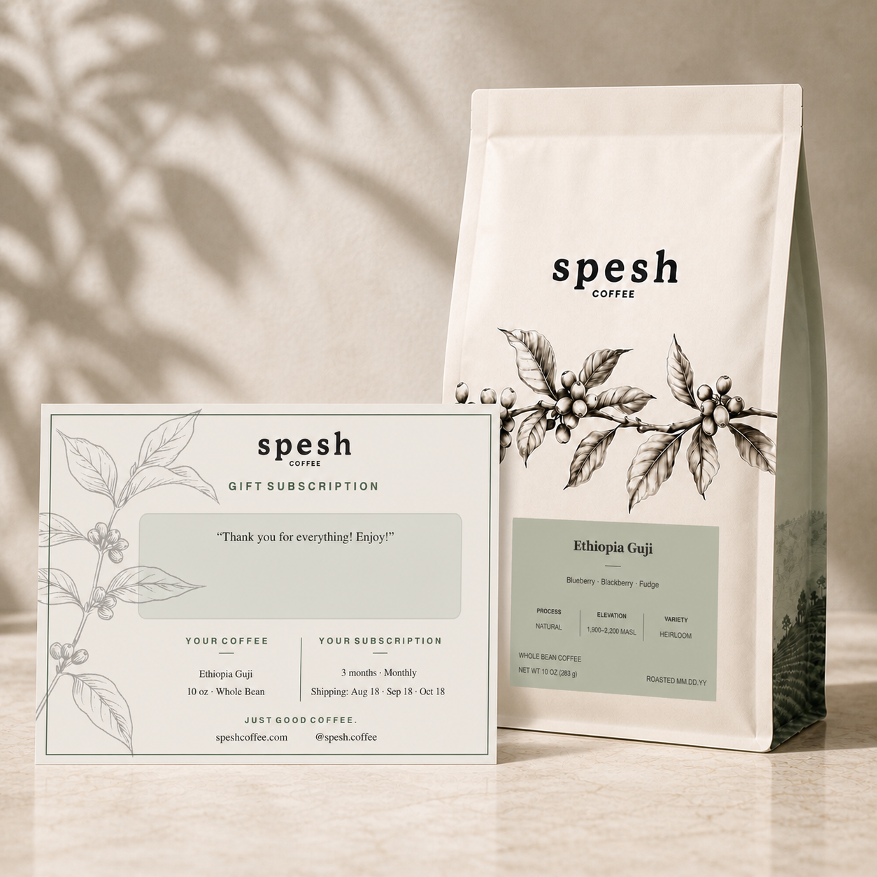 Spesh gift subscription card and Ethiopia Guji coffee