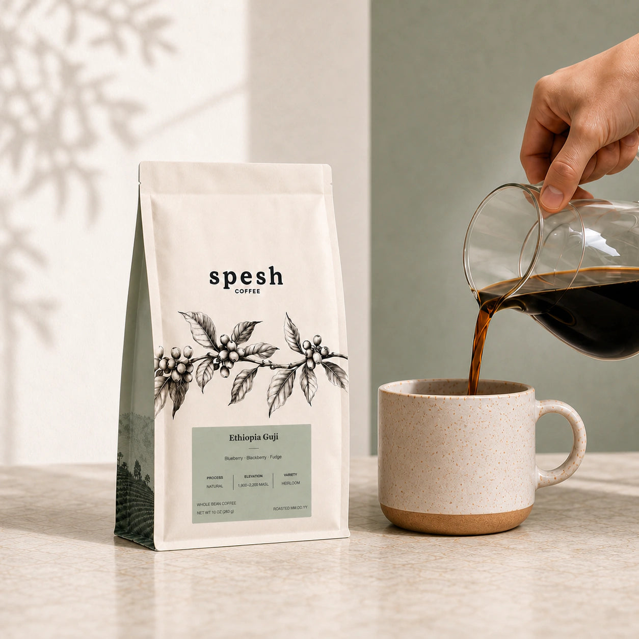 A bag of Spesh coffee beside a freshly poured cup